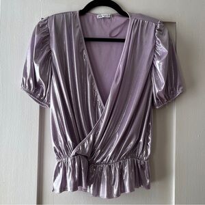 Zara Shiny Faux Wrap Top with Puff Sleeve and Peplum